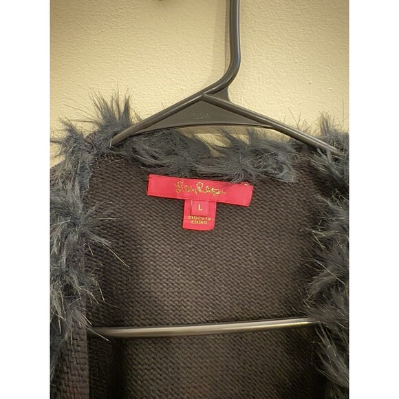 Lilly Pulitzer Black Size Large Open Cardigan Sweater Faux Fur Trim Cotton Money - Picture 3 of 8